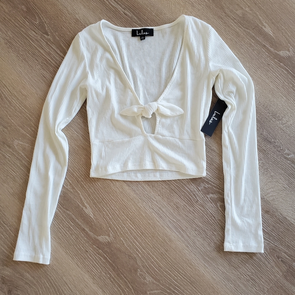 Lulus Poppi White Ribbed Tie-Front Long Sleeve Crop Top XS - Picture 4 of 11
